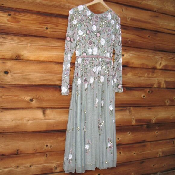 MAC DUGGAL 5716 Green Sequined Floral Long Sleeve High Neck Midi Dress - Picture 6 of 15